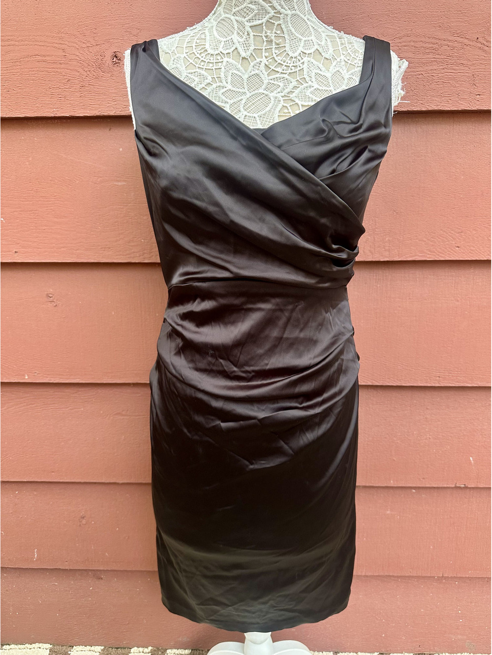 Suzi Chin for Maggy Boutique Black Satin Ruched Wiggle Midi Dress